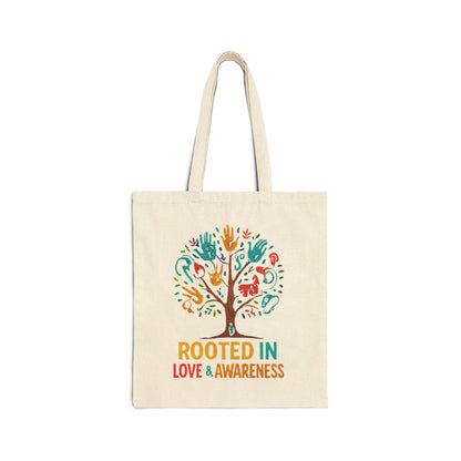 Rooted in Love & Awareness Tote Bag, Eco-Friendly Shopping Bag, Gift for Nature Lovers, Reusable Canvas Bag, Boho Tote, Earth Day Gift