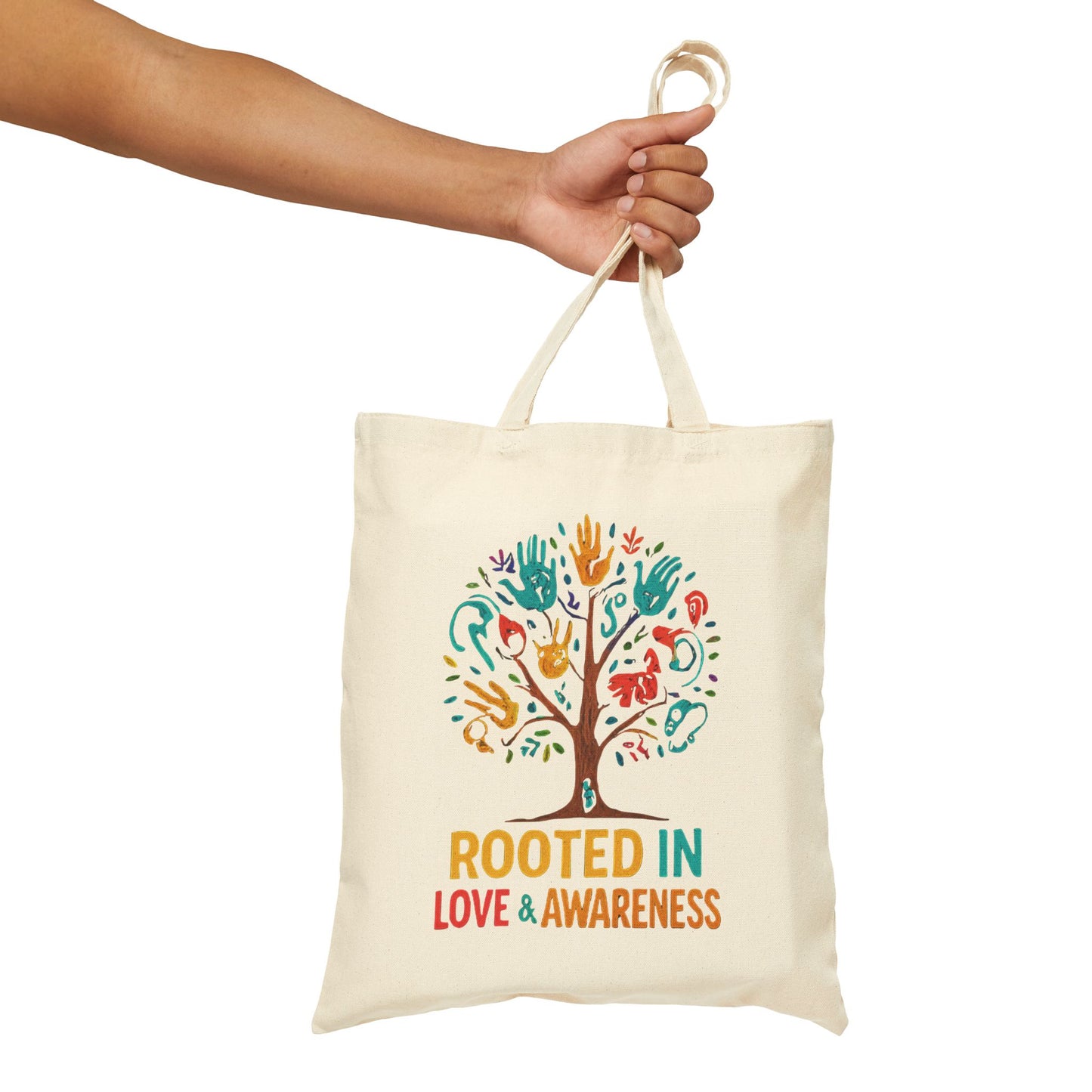 Rooted in Love & Awareness Tote Bag, Eco-Friendly Shopping Bag, Gift for Nature Lovers, Reusable Canvas Bag, Boho Tote, Earth Day Gift