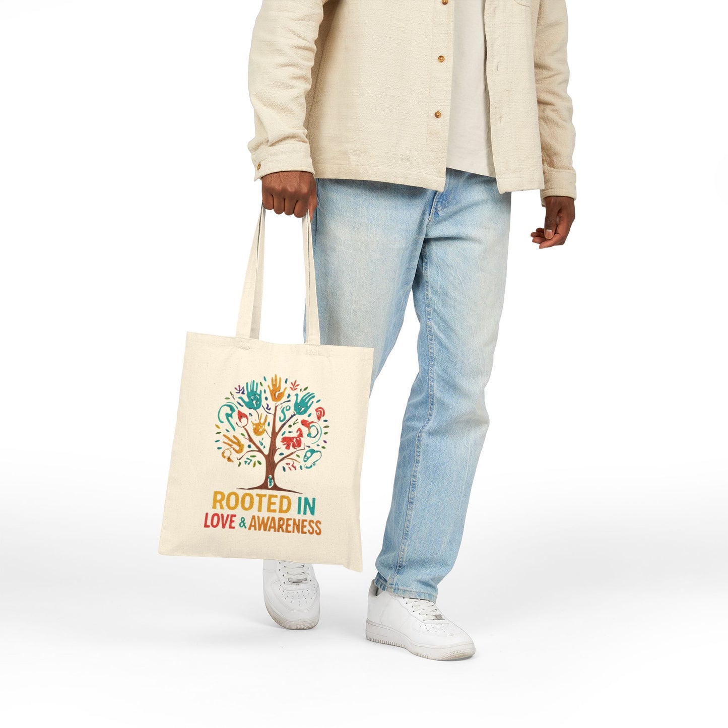 Rooted in Love & Awareness Tote Bag, Eco-Friendly Shopping Bag, Gift for Nature Lovers, Reusable Canvas Bag, Boho Tote, Earth Day Gift