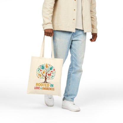 Rooted in Love & Awareness Tote Bag, Eco-Friendly Shopping Bag, Gift for Nature Lovers, Reusable Canvas Bag, Boho Tote, Earth Day Gift