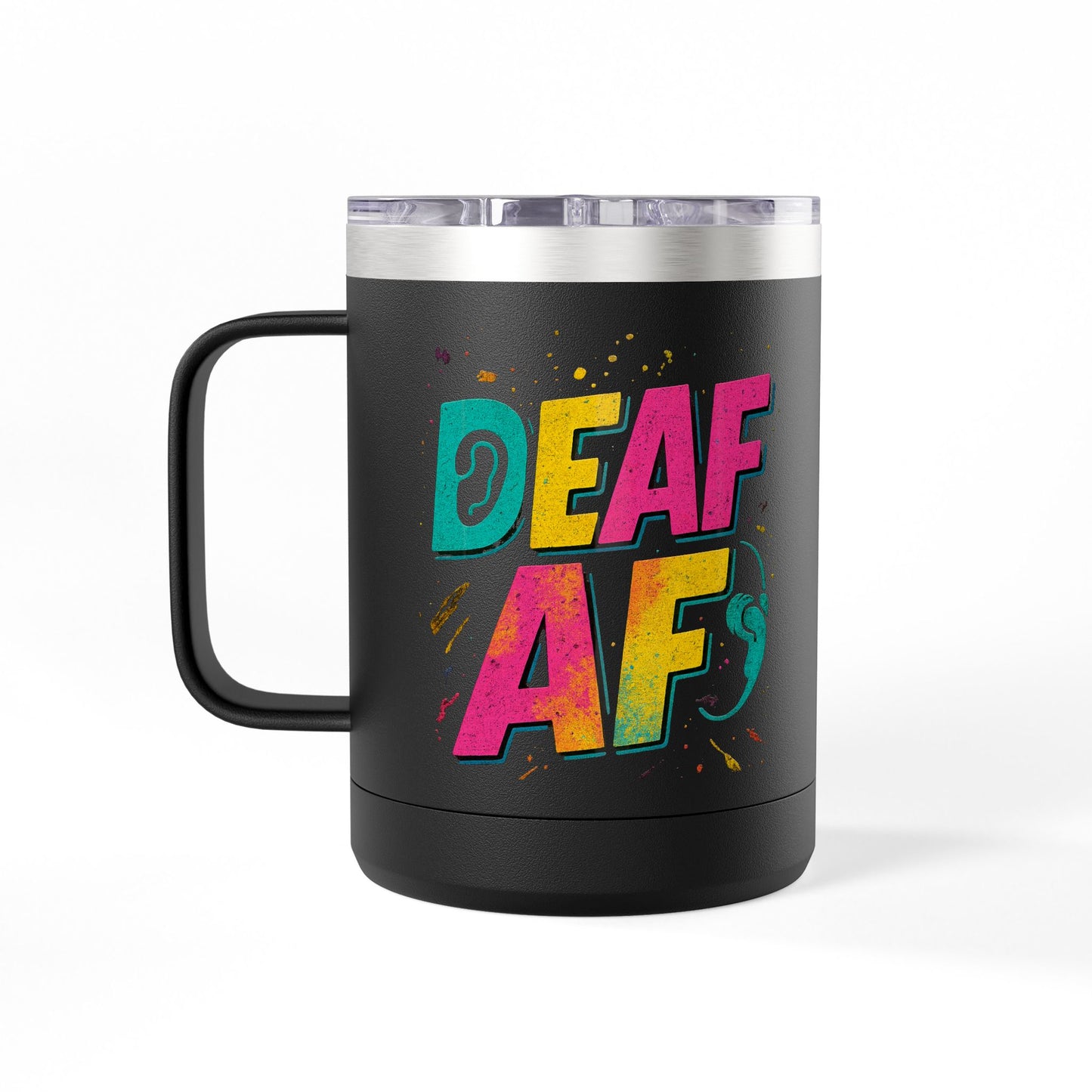 Deaf AF Coffee Mug Tumbler, Fun Gift for the Deaf Community, Colorful Insulated Mug, Birthday Present, Celebration Coffee Cup