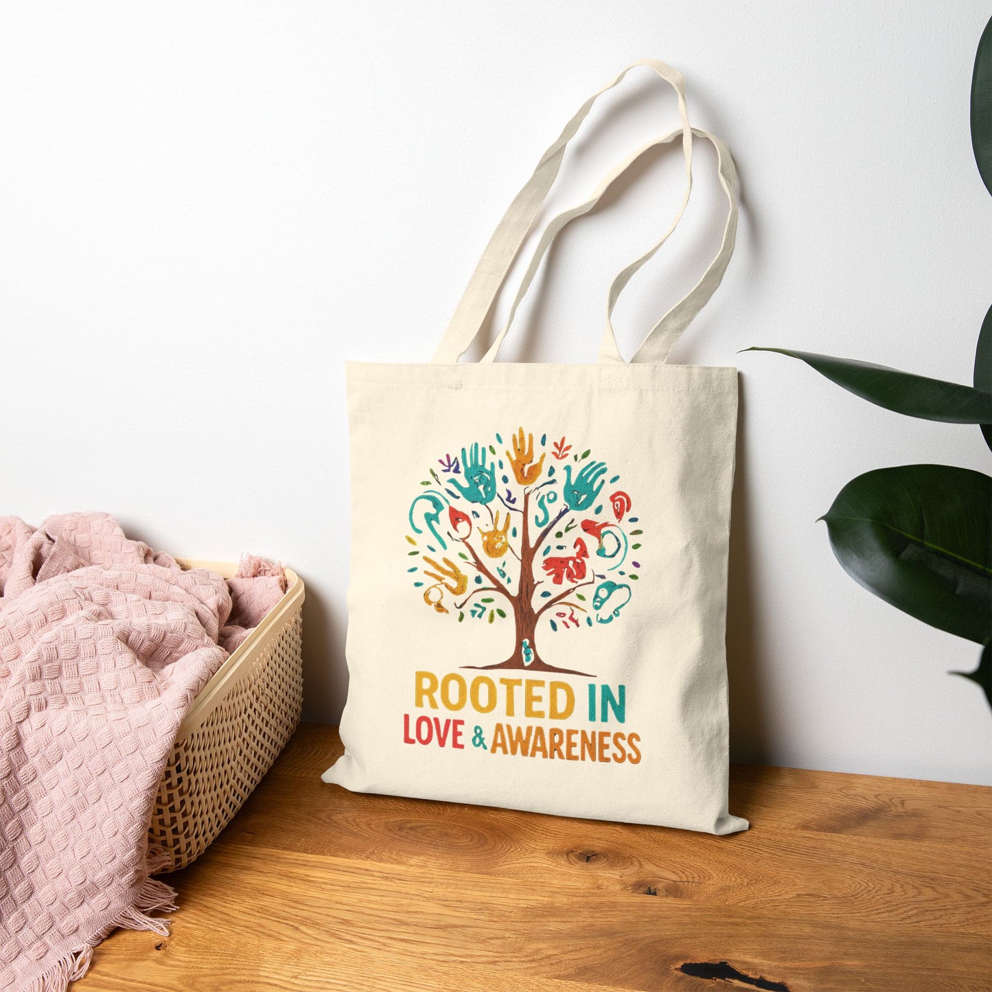 Rooted in Love & Awareness Tote Bag, Eco-Friendly Shopping Bag, Gift for Nature Lovers, Reusable Canvas Bag, Boho Tote, Earth Day Gift