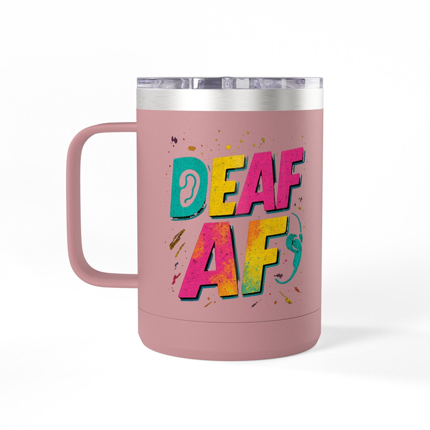 Deaf AF Coffee Mug Tumbler, Fun Gift for the Deaf Community, Colorful Insulated Mug, Birthday Present, Celebration Coffee Cup