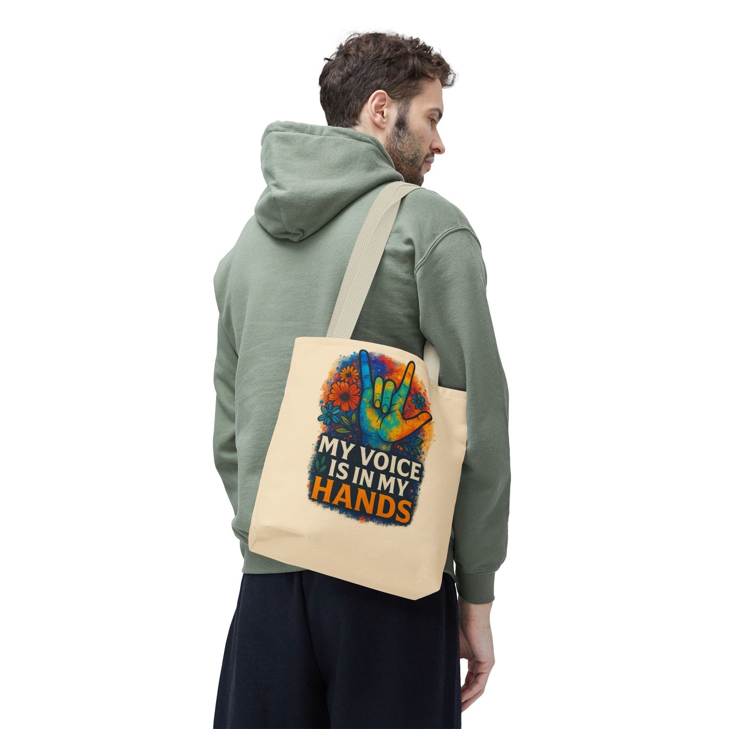Colorful Sign Language Tote Bag - My Voice Is In My Hands, Eco-Friendly Shopper, Gift for Teachers, Art Carryall, Inspirational