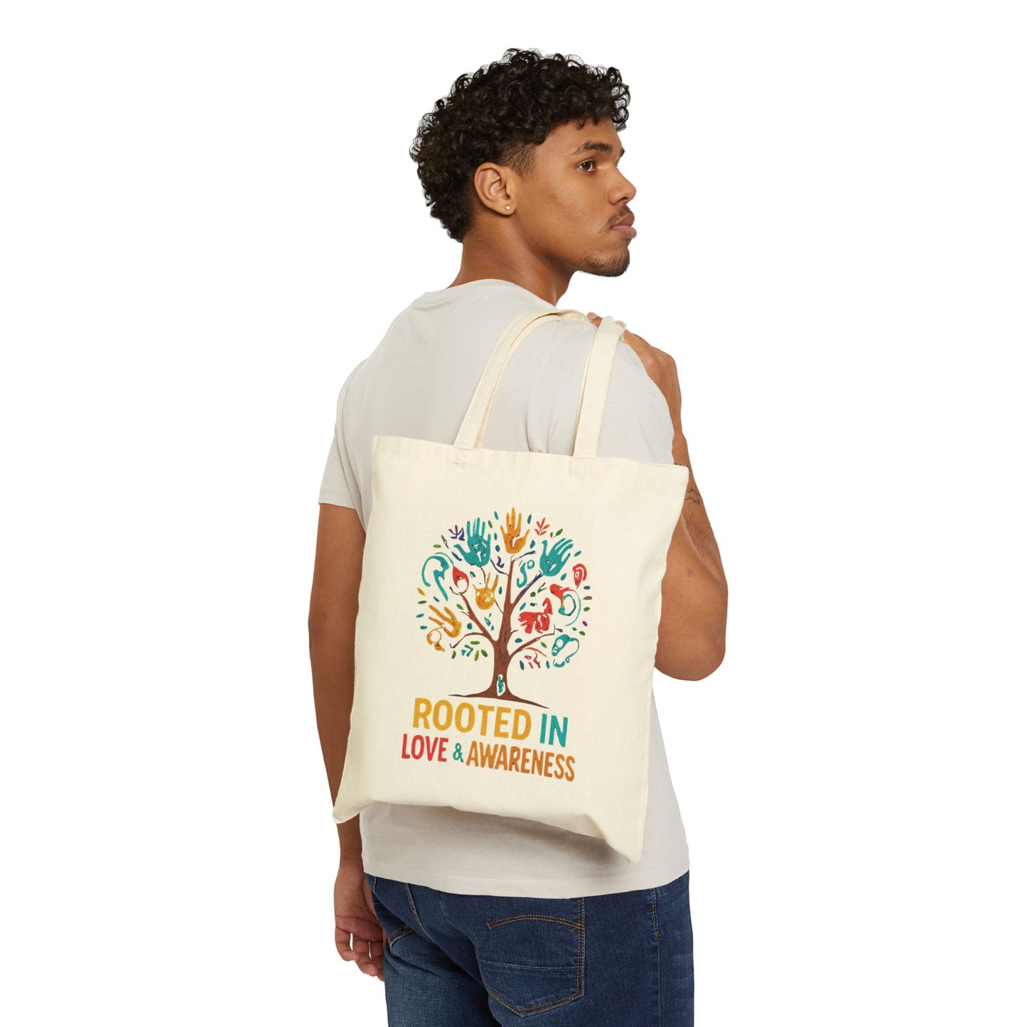 Rooted in Love & Awareness Tote Bag, Eco-Friendly Shopping Bag, Gift for Nature Lovers, Reusable Canvas Bag, Boho Tote, Earth Day Gift