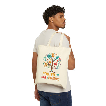 Rooted in Love & Awareness Tote Bag, Eco-Friendly Shopping Bag, Gift for Nature Lovers, Reusable Canvas Bag, Boho Tote, Earth Day Gift