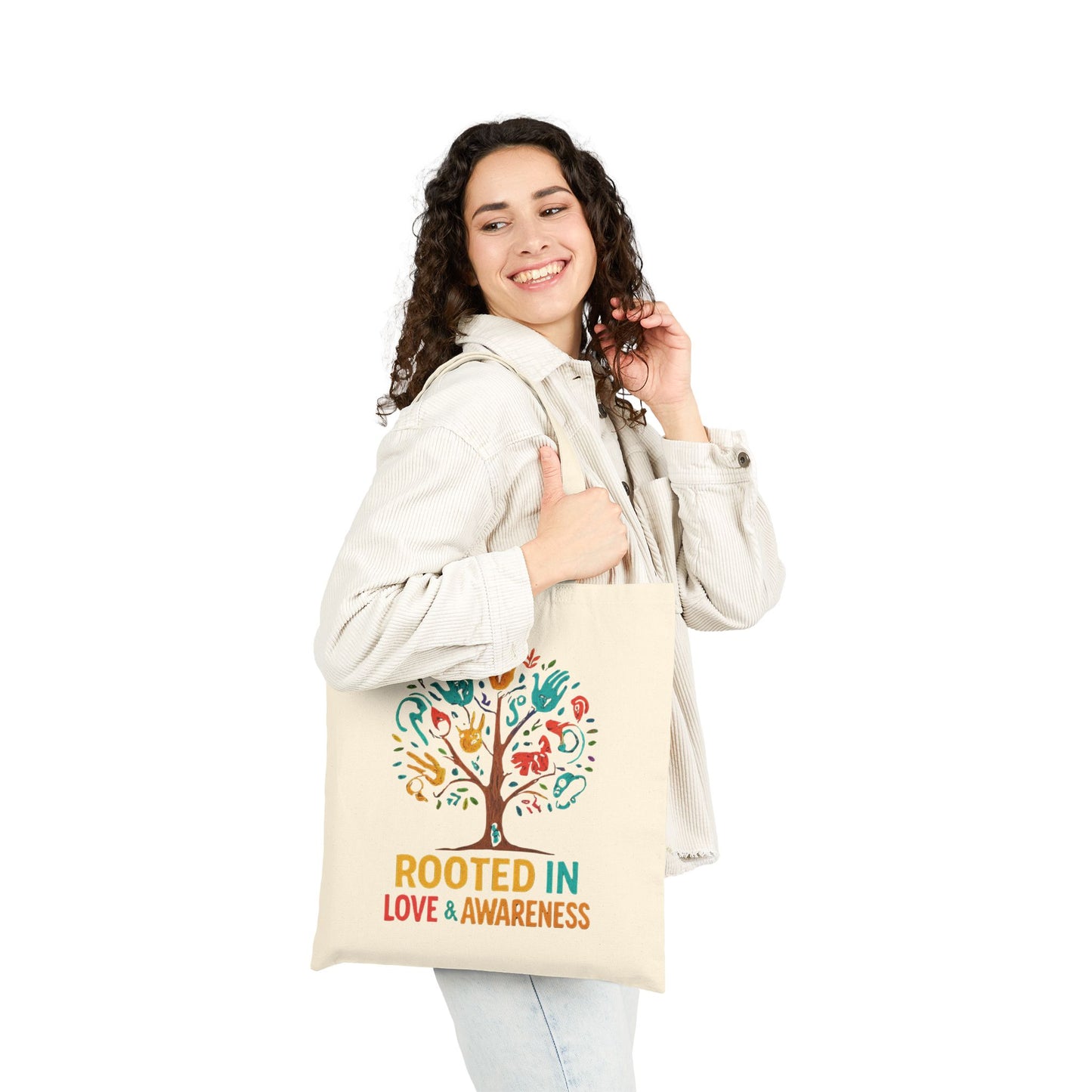 Rooted in Love & Awareness Tote Bag, Eco-Friendly Shopping Bag, Gift for Nature Lovers, Reusable Canvas Bag, Boho Tote, Earth Day Gift