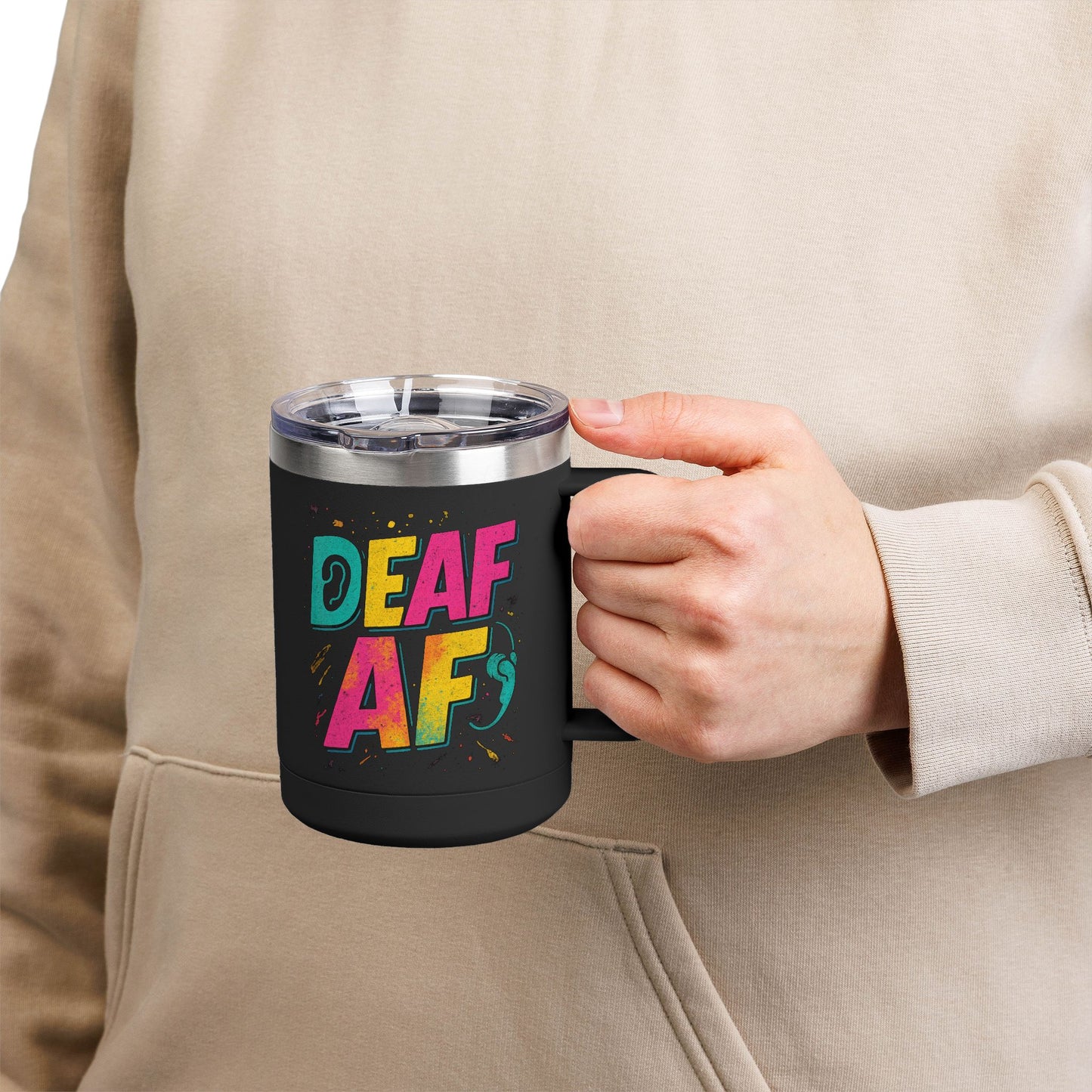 Deaf AF Coffee Mug Tumbler, Fun Gift for the Deaf Community, Colorful Insulated Mug, Birthday Present, Celebration Coffee Cup