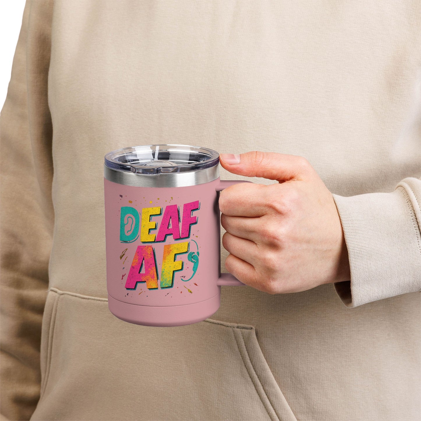 Deaf AF Coffee Mug Tumbler, Fun Gift for the Deaf Community, Colorful Insulated Mug, Birthday Present, Celebration Coffee Cup